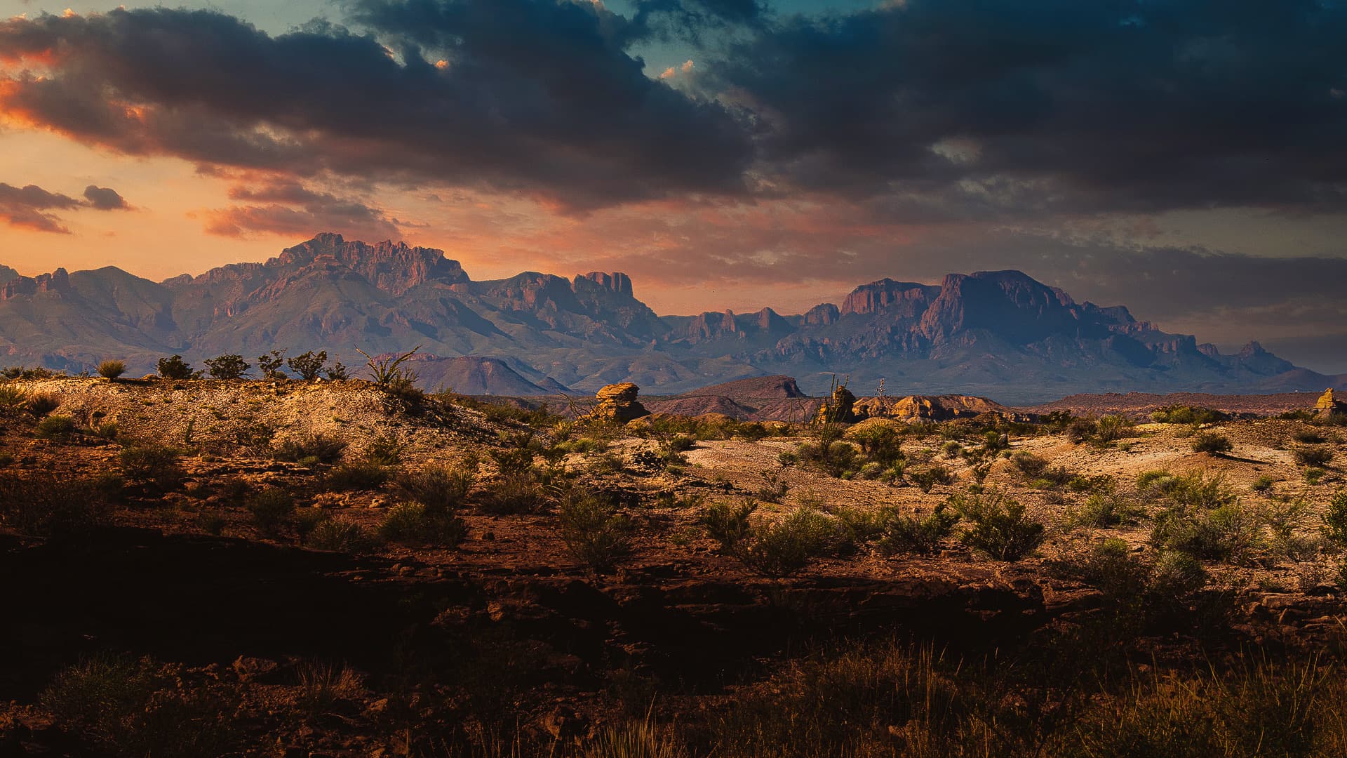 The Chisos Mountains at sunset in Big Bend National Park, seen across the Chihuahuan Desert