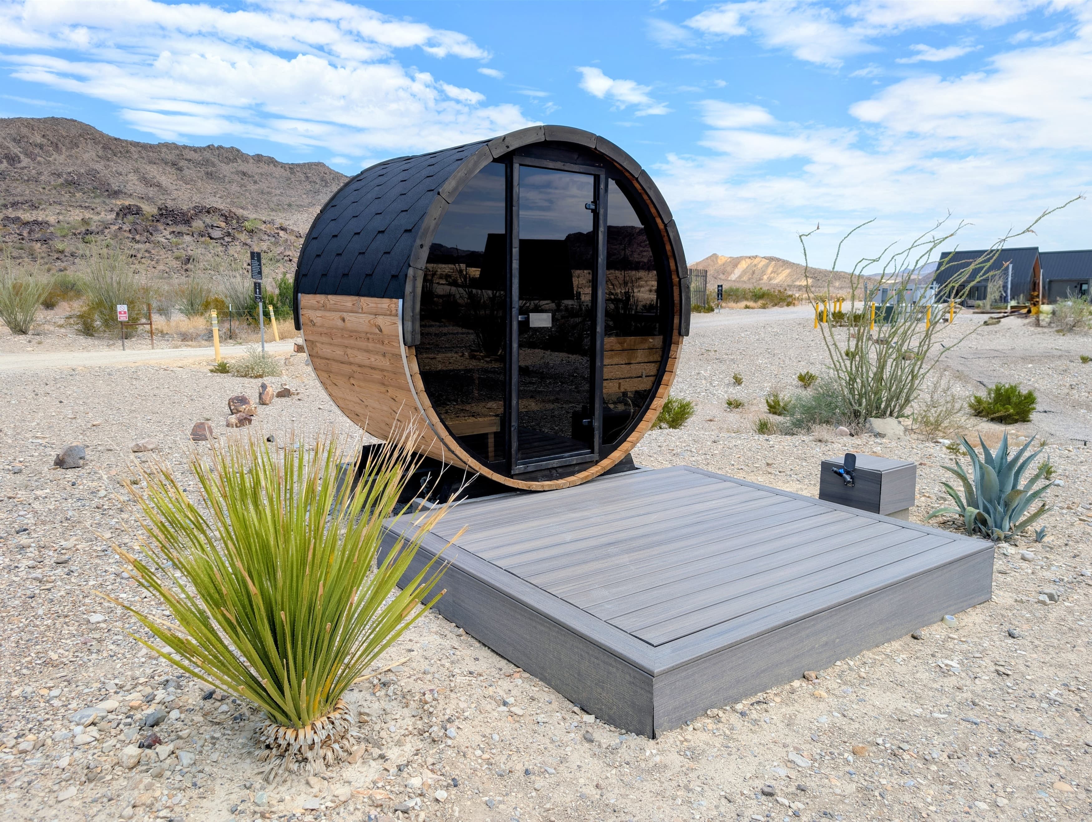 Barrel sauna at Stardust Big Bend with Chisos Mountain views